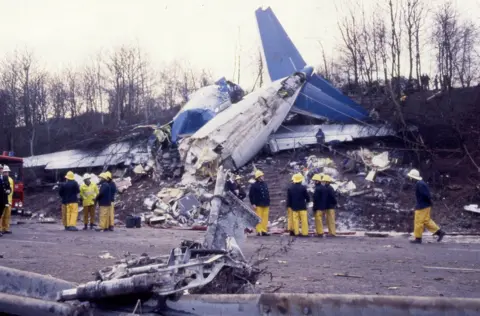 Colour photo of the wreckage of the British Midlands Boeing 737 400 plane on the M1 motorway embankment near East Midlands Airport 