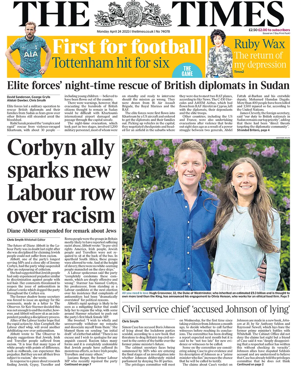 Newspaper headlines: Labour racism row and Britons rescued from Sudan