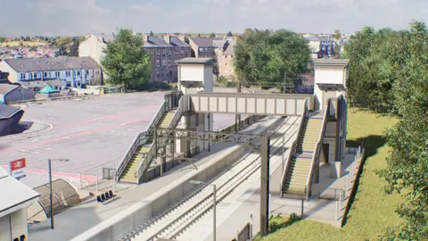 Network Rail Artist impression of a train station with a footbridge over the platform.