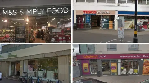 BBC, Google Maps (Clockwise L-R) M&S Simply Food, Birmingham New Street Station; Tesco Express, Frederick Street, Birmingham, Waitrose, Pride Hill, Shrewsbury and Sainsbury's Local, Bristol Road, Selly Oak.