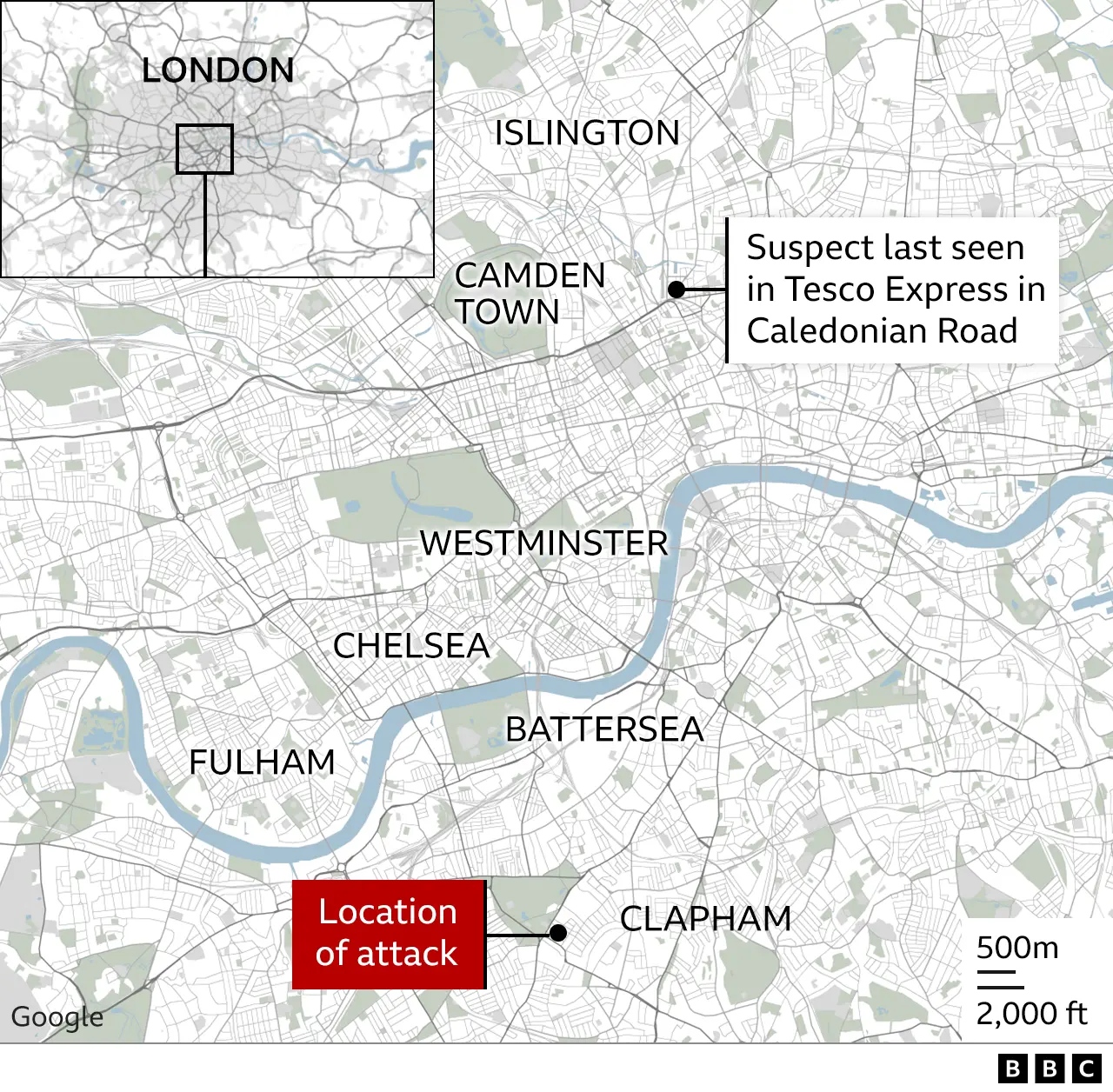 Map showing location of alkali attack in Clapham and where suspect was last seen in Islington - north of the River Thames