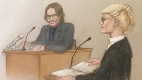 Julia Quenzler Court drawing of Johnny Depp and Sasha Wass QC.