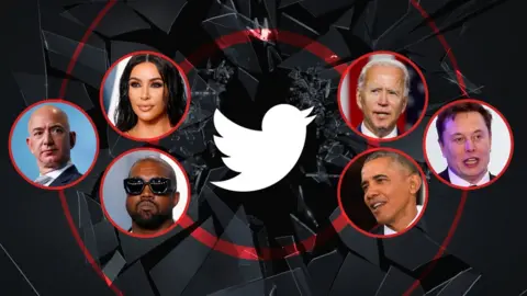 Reuters / AFP A photo illustration shows a range of celebrities - Kim Kardashian, Joe Biden, Elon Musk, Barack Obama, Kanye WEst, and Jeff Bezos - arrayed around a shattered glass image with the Twitter logo at its cetnre