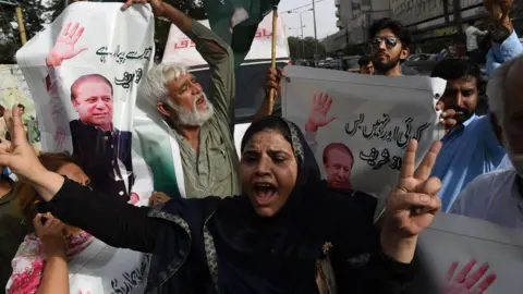 Getty Images Activists of Pakistan Muslim League-Nawaz (PML-N) shout slogans after the sentencing of Nawaz Sharif, during a protest in Karachi on July 6, 2018