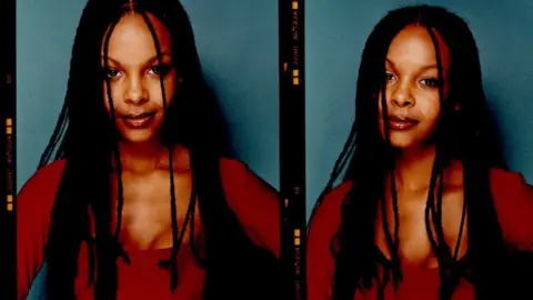 Colour film photographs of a young woman with long braided brown hair and a red top, against a blue backdrop