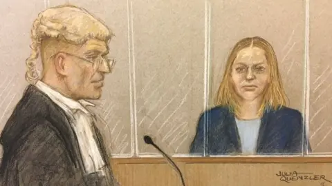 Julia Quenzler/BBC Court sketch of prosecutor Nick Johnson KC and Lucy Letby