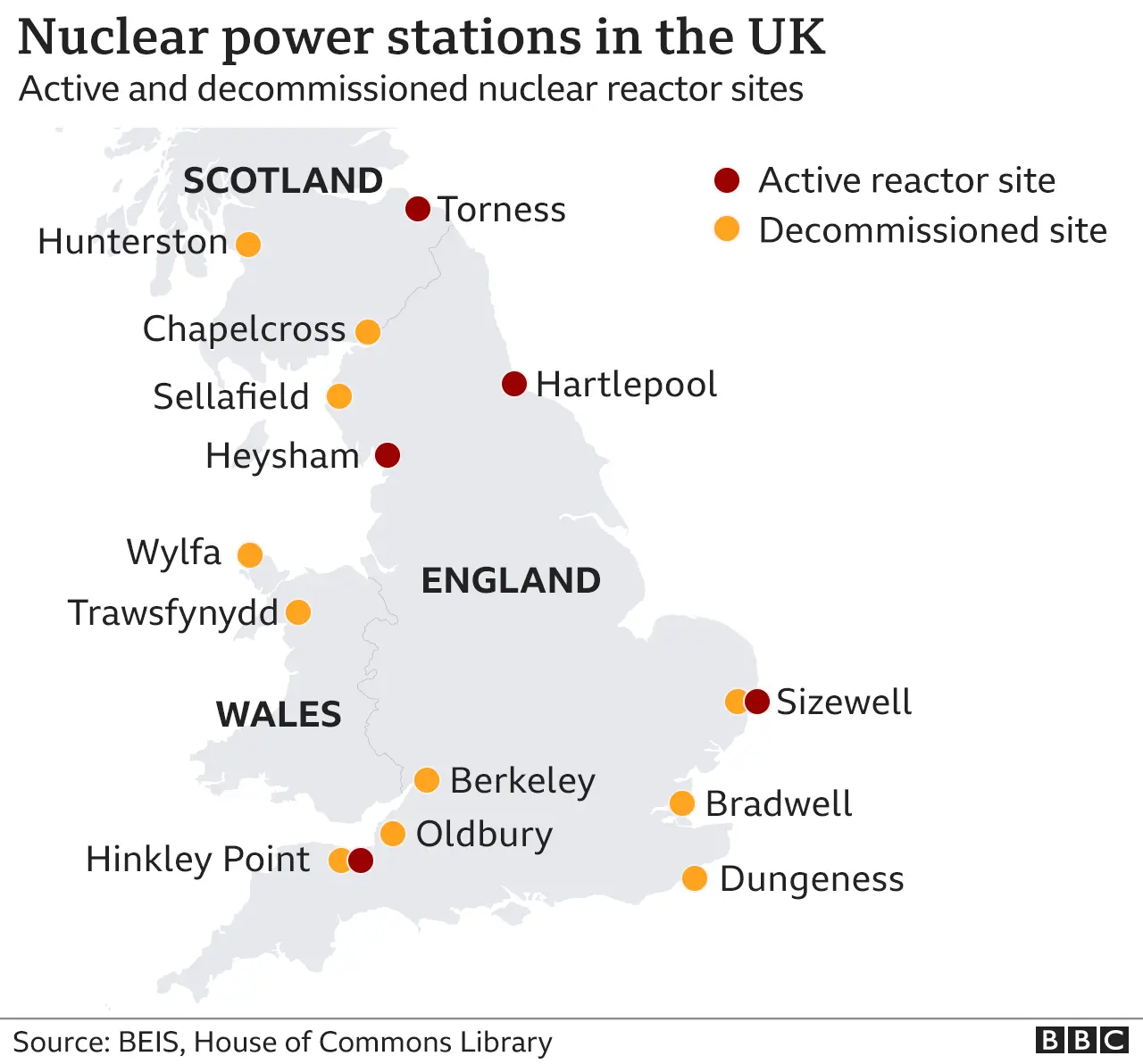 Map showing the location of nuclear reactors in the UK.