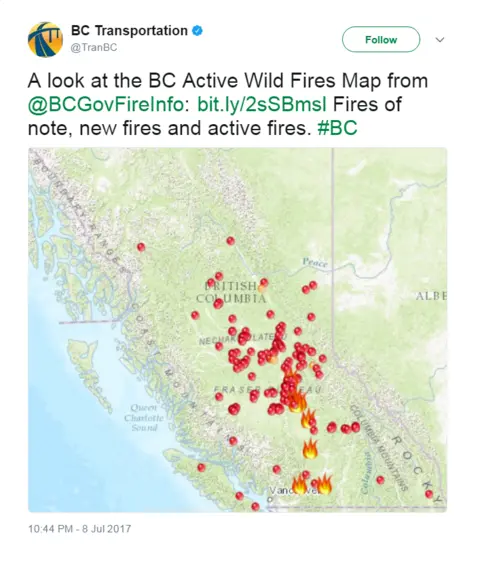 Twitter/@TranBC BC Transportation tweets a map showing active wild fires and says: A look at the BC Active Wild Fires Map from @BCGovFireInfo: bit.ly/2sSBmsl Fires of note, new fires and active fires. #BC