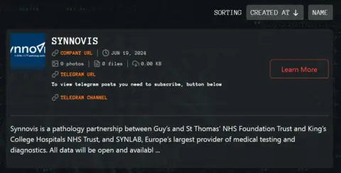 Screenshot with information on Synnovis