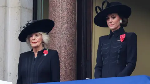 Reuters Queen Camilla and the Princess of Wales watch on as the Remembrance Sunday service takes place on Whitehall