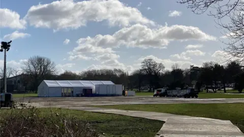 A marquee set up for filming in Verulamium park