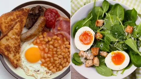 Getty Images Fried breakfast vs egg-based salad