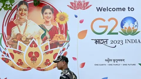 Getty Images A security personnel stands guard near the G20 venue ahead of its commencement in New Delhi on September 4, 2023. (Photo by Money SHARMA / AFP) (Photo by MONEY SHARMA/AFP via Getty Images)