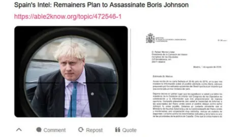 FunnyJunk.com Screengrab of a social media post suggesting Spanish intelligence was aware of a Remainer plot to kill Boris Johnson