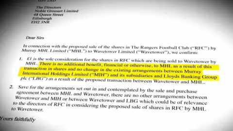 The independent board got a letter from the Murray group saying he would get no benefit from the sale of Rangers
