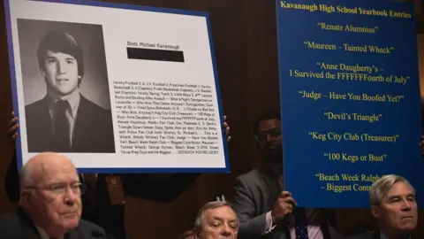 AFP Extracts of Supreme Court nominee Brett Kavanaugh"s high school yearbook are displayed as he testifies before the US Senate Judiciary Committee on Capitol Hill in Washington, DC