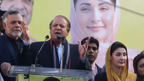 EPA Nawaz Sharif addresses a public gathering during an election campaign in Lahore, Pakistan on 29 January 2024