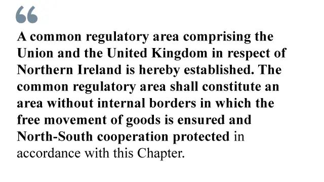 A common regulatory area comprising the Union and the United Kingdom in respect of Northern Ireland is hereby established. The common regulatory area shall constitute an area without internal borders in which the free movement of goods is ensured and North-South cooperation protected in accordance with this Chapter.