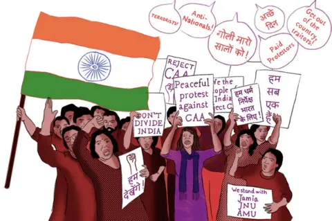 Illustration depicting protests against the new citizenship laws