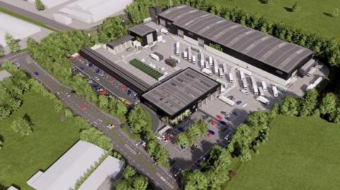 An artists impression of the recycling hub showing where the public can drop off their recycling and the areas where the recycling trucks are kept and where the waste is sorted 