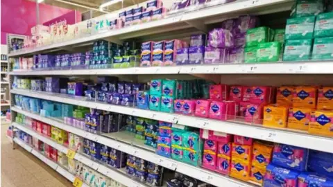 BBC sanitary products on a shelf