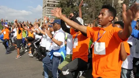 Ethiopians exercising in Addis Ababa