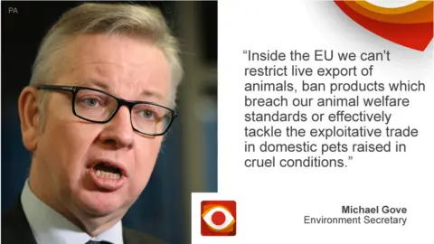 BBC Michael Gove saying: Inside the EU we can't restrict live export of animals, ban products which breach our animal welfare standards or effectively tackle the exploitative trade in domestic pets raised in cruel conditions.