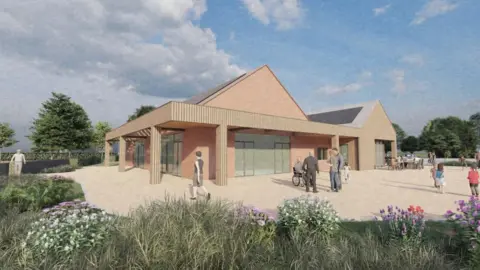 Oxford Architects Picture of the proposed design for Bromham Community Hub showing a building with people outside on a paved terrace