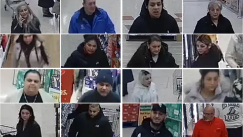 16 square CCTV images of men and women in supermarkets