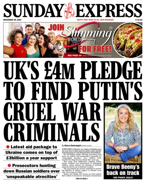 Judul Sunday Express berbunyi: "Janji Inggris senilai £4 juta untuk menemukan penjahat perang kejam Putin".