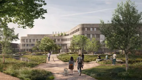 A computer-generated image showing what the revamp could look like. A large  modern, four-storey building is set in a park with trees and a pond. People are walking along the paths or sitting on benches. 