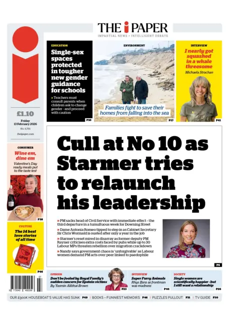 BBC "Cull at No 10 as Starmer tries to relaunch his leadership" reads the headline on the front page of The i Paper.