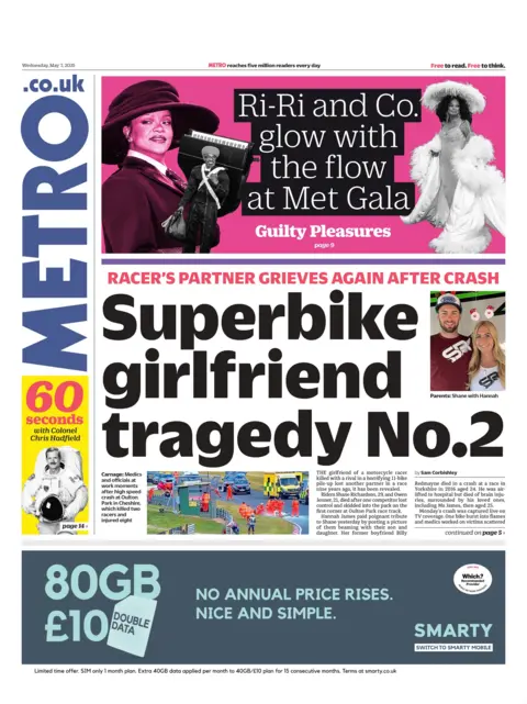 The front page of the Metro newspaper reads: "Superbike girlfriend tragedy No.2"