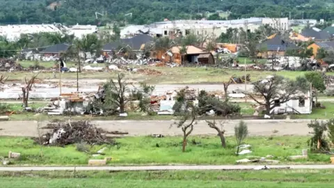 Mineral Wells, Texas, lies destroyed in a drone shot post-tornado.