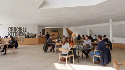 Allies and Morrison A spacious, modern cafe or hospitality area inside a contemporary building. The interior features a minimalist design with light-coloured tiled flooring, white plaster walls and ceilings, and natural wood furnishings throughout.