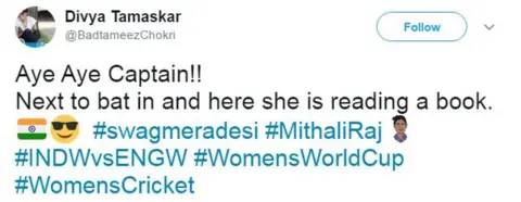 Twitter / @BadtameezChokri "Aye Aye Captain!! Next to bat in and here she is reading a book."