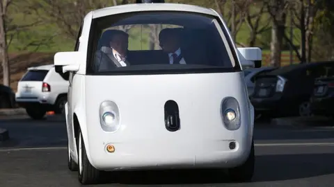 Getty Images Transportation Secretary Anthony Foxx (R) and Google Chairman Eric Schmidt (L) ride in a Google self-driving car at the Google headquarters on February 2, 2015 in Mountain View, California.