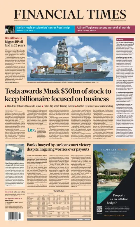 The headline on the front page of the Financial Times reads: "Tesla awards Musk $30bn of stock to keep billionaire focused on business".