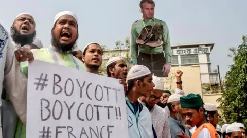 Reuters Protest calling for the boycott of French products and to denounce French President Emmanuel Macron in Dhaka, Bangladesh, October 27, 2020