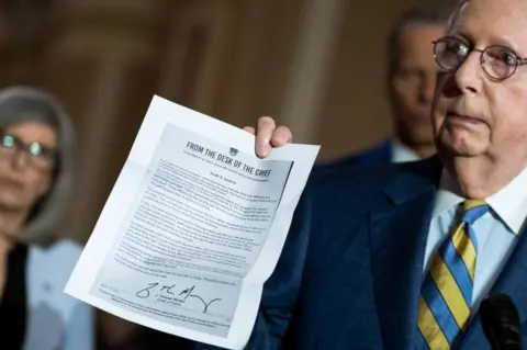 Getty Images Republican Senator Mitch McConnell shows reporters a copy of the memo