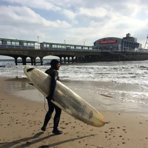 Fred Johns surfing at Bournemouth Beach