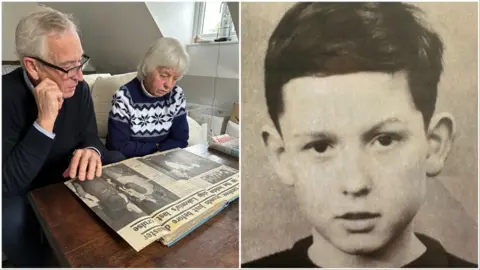 Family photo Michael Lees & Jill Tovey looking at old newspaper cuttings and Michael seen as a boy just after he was rescued