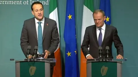 RTÉ Leo Varadkar standing beside the President of the European Council Donald Tusk