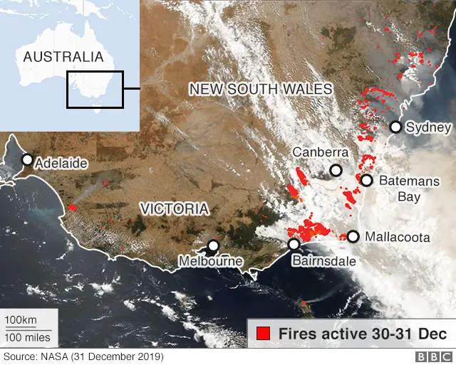 NASA/BBC satellite image of fires in Australia