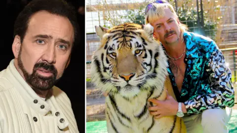 Getty Images/Netflix Nicolas Cage (left) and Joe Exotic in Tiger King