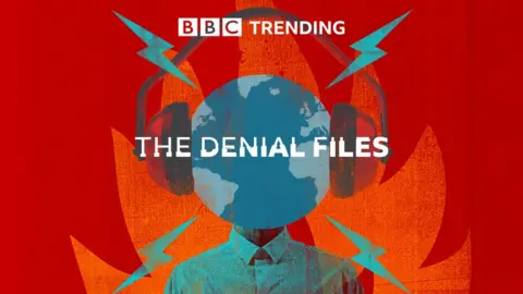 The Denial Files branding - a planet with headphones on a background of fire