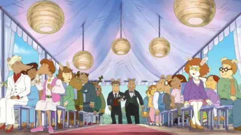 © 2019 WGBH & PBS KIDS Mr Ratburn and his husband-to-be Patrick walk down the aisle
