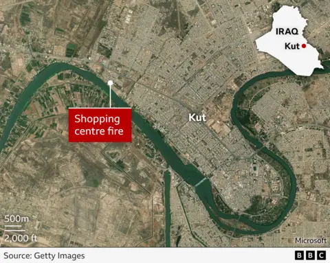 A digital map shows where Kut is situated in eastern Iraq