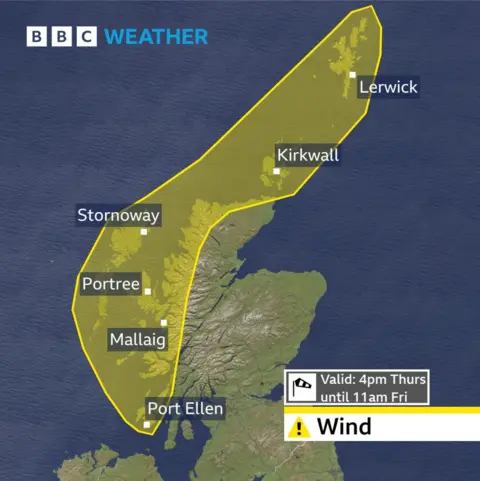 A map of Scotland showing the area of the yellow warning, also the locations of Port Ellen, Mallaig, Portree, Stornoway, Kirkwall and Lerwick.