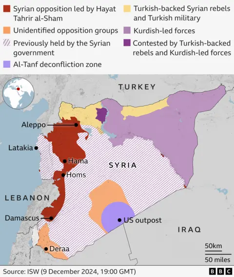 Map of Syria with areas shaded in to show who is in control. Most of the country is shaded to show that it was previously held by the Syrian government. An area to the west stretching almost from north to south and including major cities, shows the area held by the Syrian opposition led by Hayat Tahrir al-Sham.